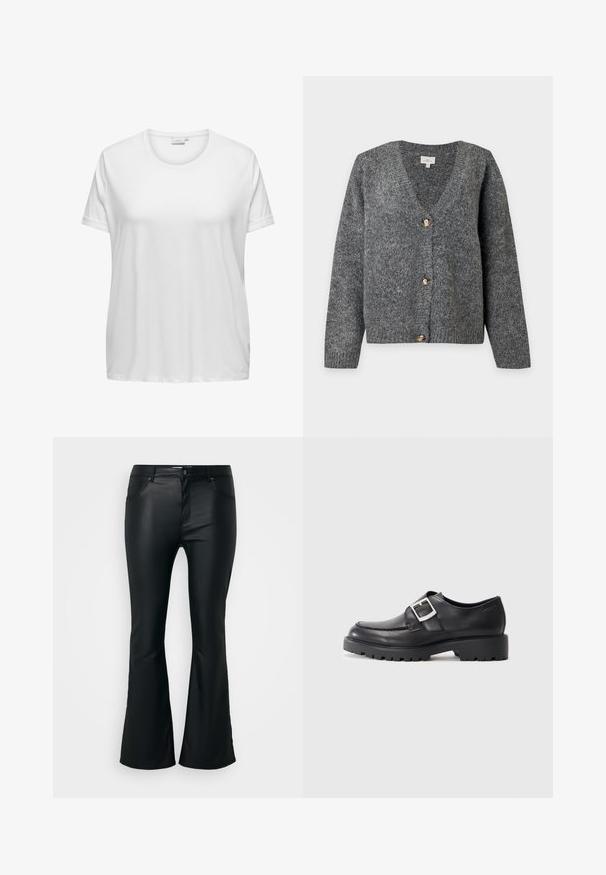 Mørkegrå strikket V-hals cardigan med lange ærmer og tre store brune knapper foran på en ensfarvet lys baggrund.; Hvid bomulds t-shirt med rund halsudskæring og korte ærmer. Løs pasform med en glat tekstur og ingen synlige mønstre eller detaljer.; Sorte, flagrende bukser lavet af et glat, skinnende materiale. Har fem lommer, bæltestropper og en lynlås med knaplukning.; Sorte lædersko med en rund tå, der har en sidebuckle-detalje og en tyk, robust sål. Glat tekstur med minimal syning.