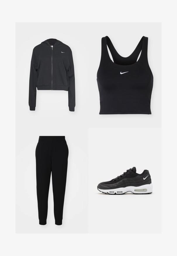 Zwarte cropped hoodie van zacht materiaal, met een volledige ritssluiting, capuchon, lange mouwen en een klein wit Nike-logo op de borst.; Zwarte Nike sportbeha met brede bandjes en wit Nike Swoosh-logo in het midden aan de voorkant.; Zwarte joggerbroek van zacht materiaal, met een toelopende pijp, elastische tailleband en geribde boorden met zijnaad voor een verfijnde uitstraling.; Zwarte Nike Air Max 95 sneakers met een bovenwerk van textuurleer en mesh, een opvallende witte midsol, zwarte buitenzool en een zilveren logoaccent.