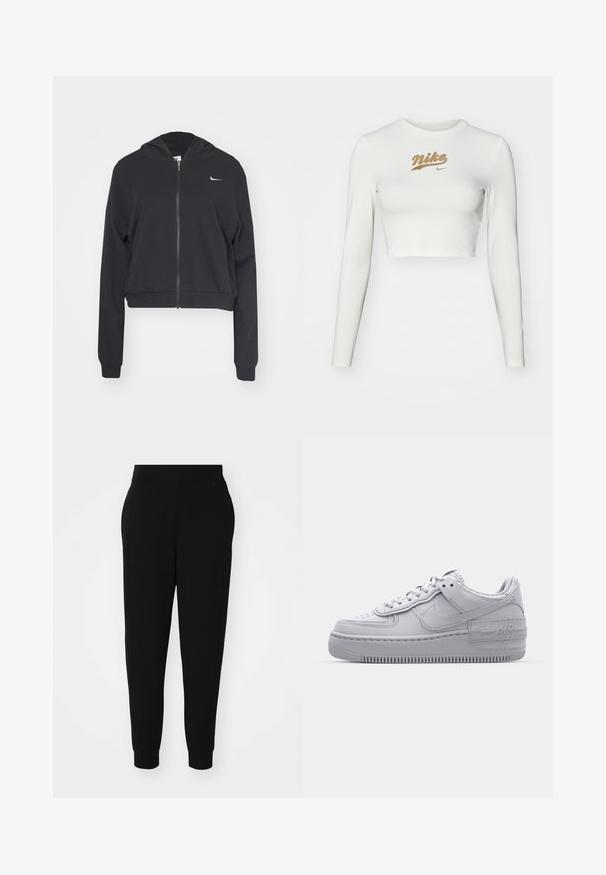 Sort cropped hoodie lavet af blød stof, med fuld lynlås, hætte, lange ærmer og et lille hvidt Nike-logo på brystet.; Hvid langærmet crop top lavet af glat stof, med et guld Nike-logo tryk på brystet og en klassisk rund halsudskæring.; Sorte joggerbukser lavet af blødt stof, med en tapered ben, elastisk talje og ribbede manchetter med sidesømmer for et skræddersyet udseende.; Grå Nike Air Force 1 sneakers med perforeret tå, glat læderoverdel, tyk sål og præget 'AIR' detalje på hælen.
