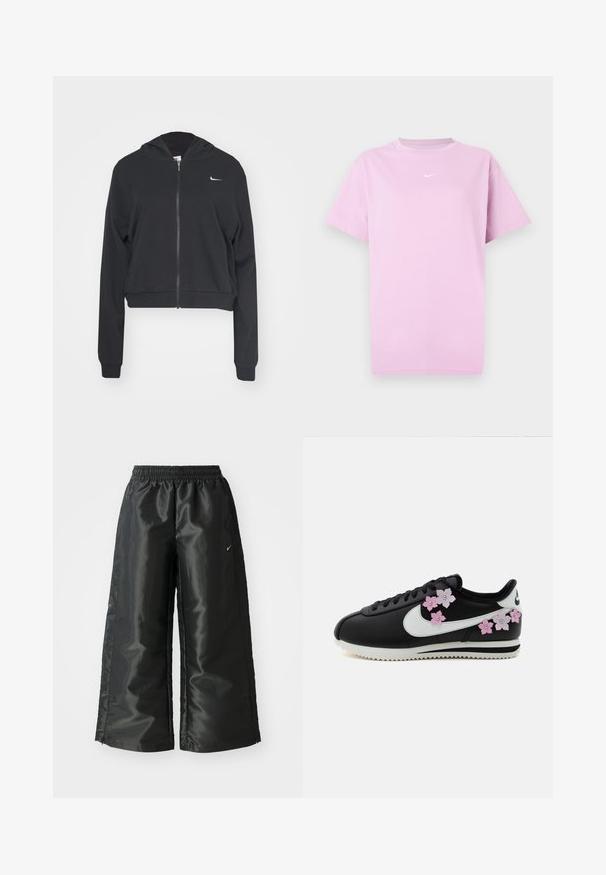 Schwarze, kurze Kapuzenjacke aus weichem Stoff, mit vollem Reißverschluss, Kapuze, langen Ärmeln und einem kleinen weißen Nike-Logo auf der Brust.; Rosa kurzärmeliges Nike T-Shirt mit Rundhalsausschnitt und kleinem weißen Nike-Swoosh-Logo, das zentral auf der Brust platziert ist.; Schwarze Sporthose aus glänzendem, glattem Stoff, mit einem elastischen Bund, weitem Bein und einem kleinen Logo auf der linken Seite.; Schwarzer Sneaker mit niedrigem Schaft, weißer Sohle und Swoosh, verziert mit pinken und lila Blumenapplikationen entlang der Seiten.