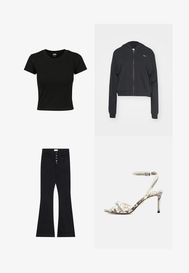 Sudadera recortada negra hecha de un tejido suave, con cremallera completa, capucha, mangas largas y un pequeño logo blanco de Nike en el pecho.; Camiseta negra de manga corta fabricada en algodón suave, con un cuello redondo y un corte ajustado. Sin patrones ni acentos visibles.; Jeans acampanados negros de mezclilla, con un cierre frontal de cinco botones, dos bolsillos frontales y una cinturilla limpia.; Sandalia de tacón alto con tiras, estampado de piel de serpiente, correa con hebilla en el tobillo y tacón delgado sobre fondo blanco.