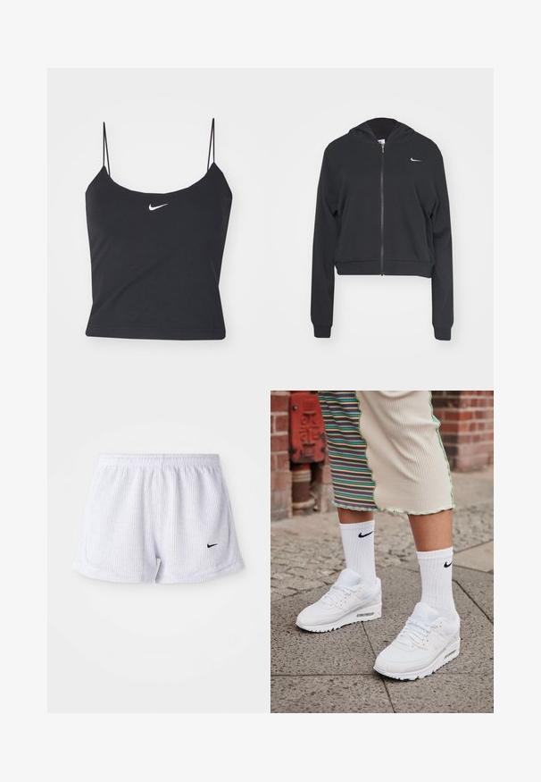 Mustat lyhyet hupparit, jotka on valmistettu pehmeästä kankaasta, jossa on täyspitkä vetoketju, huppu, pitkät hihat ja pieni valkoinen Nike-logo rinnassa.; Musta ilmanhiha toppi, jossa on pyöreä kaula-aukko, ohuet olkaimet ja keskitetty valkoinen Nike-logo. Valmistettu sileästä kankaasta, jossa on kiinteä muotoilu.; Valkoiset, uurretut urheilushortsit, joissa on joustava vyötärö ja pieni musta Nike-logo vasemmassa alakulmassa. Yksinkertainen, minimalistinen muotoilu.; Valkoiset Nike Air Max 90 -tennarit, joissa on verkkokangasta ja nahkaa, varustettuna näkyvällä ilma-yksiköllä, yhdistettyinä valkoisiin ribattuihin sukkiin, joissa on musta logo.