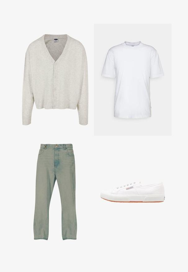 Cardigan gris clair en tissu doux, avec un col en V, des manches longues et une fermeture à boutons, présentant un ourlet court.; T-shirt en coton blanc avec un col rond, des manches courtes et un ourlet droit. Présente une petite étiquette de marque sur la couture latérale gauche.; Jean droit bleu clair avec bouton à l'avant, passants pour ceinture et poches avant, présenté sur un fond blanc.; Baskets en toile blanches avec une semelle en caoutchouc, design à lacets et une petite étiquette logo sur le côté. Tige blanche texturée et semelle extérieure marron.