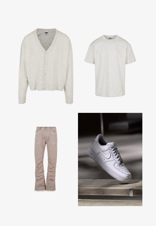 Cardigan gris clair en tissu doux, avec un col en V, des manches longues et une fermeture à boutons, présentant un ourlet court.; T-shirt en coton gris clair à manches courtes, avec un col rond et une coupe décontractée. Tissu texturé avec un motif chiné subtil.; Pantalons en corduroy beige clair avec une coupe décontractée, dotés de grandes poches avant, de fronces sur les côtés et d'ourlets effilochés pour un look texturé.; La basket Nike Air Force 1 en cuir blanc présente un embout perforé, des lacets plats et une semelle en caoutchouc texturée avec le logo « AIR » sur le côté.