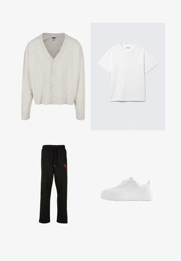 Lichtgrijze cardigan van zachte stof, met een V-hals, lange mouwen en een knopenfront met een cropped zoom.; Witte T-shirt met korte mouwen en ronde hals, plat gelegd, effen ontwerp, met een "WEEKDAY" label in de kraag op een lichte achtergrond.; Zwarte sweatpants met een elastische tailleband en verstelbaar trekkoord. Heeft een rood logo accent op de linker dij. Zacht materiaal.; Witte lage sneaker met dikke zool, veters aan de voorkant en kleine ventilatiegaatjes aan de zijkant, zijaanzicht.