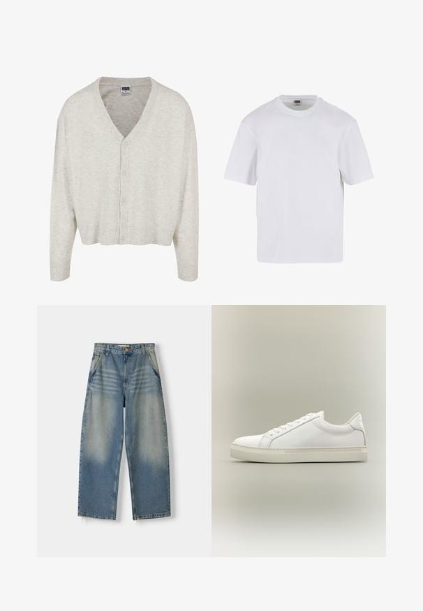 Lichtgrijze cardigan van zachte stof, met een V-hals, lange mouwen en een knopenfront met een cropped zoom.; Witte kraagloze t-shirt met korte mouwen, gemaakt van katoen. Heeft een ronde halslijn en een losse pasvorm. Soepele textuur, minimalistisch ontwerp, geen patronen of accenten.; Lichtblauwe denim broek met wijde pijpen en een vervaagde afwerking, vijf zakken ontwerp en een ruwe zoom. Voorzien van een knoop- en ritssluiting aan de voorkant.; Witte lage sneaker met veters aan de voorkant en dikke zool, zijaanzicht tegen een neutrale achtergrond.