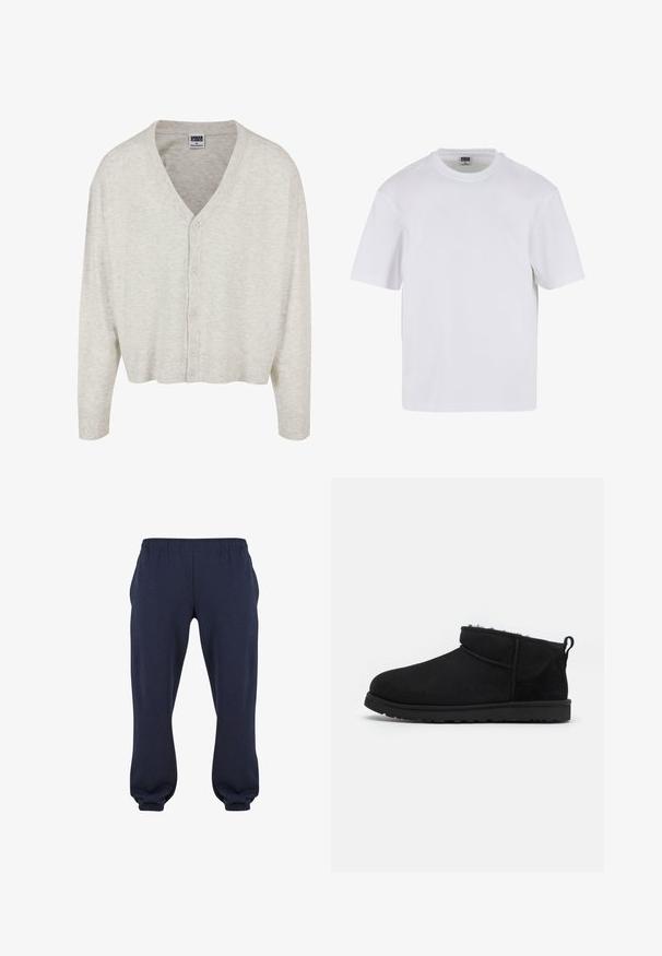Cardigan gris clair en tissu doux, avec un col en V, des manches longues et une fermeture à boutons, présentant un ourlet court.; T-shirt blanc à manches courtes en coton. Il présente un col rond et une coupe décontractée. Texture lisse, design minimaliste, sans motifs ni accents.; Pantalons de survêtement bleu marine avec une taille élastique et des manches resserrées, fabriqués en tissu doux, sans motifs ni accessoires visibles.; Bottines noires en daim avec une doublure douce et texturée, une semelle en caoutchouc basse et une languette à l'arrière pour un enfilage facile.