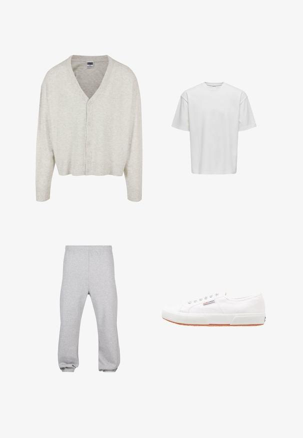 Cardigan gris clair en tissu doux, avec un col en V, des manches longues et une fermeture à boutons, présentant un ourlet court.; T-shirt blanc à manches courtes en coton, avec un col rond, une coupe ample et une texture lisse, sans motifs ni accents visibles.; Pantalon de jogging en coton gris clair avec taille élastique et poignets aux chevilles, présenté à plat sur fond blanc.; Baskets en toile blanches avec une semelle en caoutchouc, design à lacets et une petite étiquette logo sur le côté. Tige blanche texturée et semelle extérieure marron.