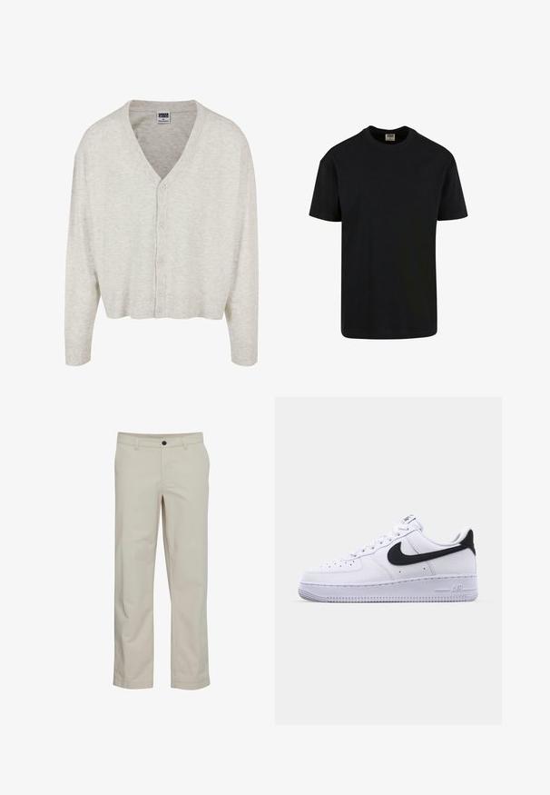 Lys grå cardigan lavet af blødt stof, med V-hals, lange ærmer og knaplukning samt en cropped længde.; Urban Classics SHORTSLEEVE - T-shirts basic - black; Beige bomuldsbukser med lige ben, frontlommer og enkelt knaplukning. Glat tekstur og minimale syningsdetaljer.; Hvide lædersneakers med en struktureret sort Swoosh, flade snørebånd og en gummisål med et rillemønster. "AIR" er præget på hælen.