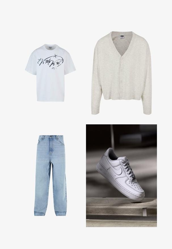 Lys grå cardigan lavet af blødt stof, med V-hals, lange ærmer og knaplukning samt en cropped længde.; Hvid bomulds t-shirt med sølvfarvet skriftprint og stjerner. Løstsiddende med korte ærmer og rund halsudskæring.; Lyseblå denimjeans med løs pasform, høj talje og fem lommer. Har bæltestropper og knaplukning. Blød tekstur.; Hvid læder Nike Air Force 1 sneaker med perforeret tå, flade snørebånd og tekstureret gummisål med "AIR" branding på siden.