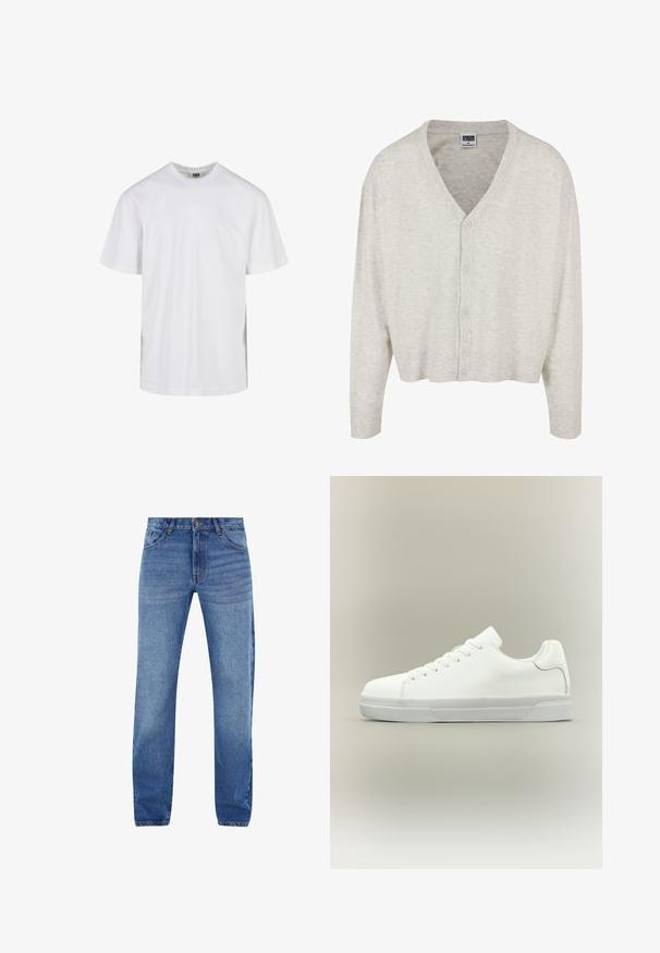 Αυτό το ανοιχτό γκρι κα cardigan είναι κατασκευασμένο από μαλακό υλικό και διαθέτει V-λαιμό, μακριά μανίκια και κουμπάκια στο μπροστινό μέρος με κοντή σιλουέτα.; Απλό λευκό μπλουζάκι με κοντά μανίκια και στρογγυλή λαιμόκοψη σε άνετη εφαρμογή, εμφανίζεται πάνω σε λευκό φόντο.; Μπλε τζιν παντελόνι με ίσια γραμμή, πέντε τσέπες και φερμουάρ. Λεπτή φθορά στο μπροστινό μέρος, ραμμένες λεπτομέρειες σε πορτοκαλί χρώμα.; Λευκό χαμηλό αθλητικό παπούτσι με κορδόνια μπροστά, μαξιλαρωμένο κολάρο και υφασμένο λαστιχένιο πάτο, εμφανίζεται σε πλαϊνή όψη σε ουδέτερο φόντο.