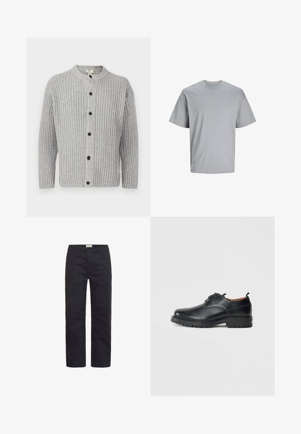 Cardigan en tricot côtelé gris avec un col rond, une fermeture boutonnée et des manches longues. Présente des boutons noirs et un tissu texturé.; T-shirt gris clair à manches courtes en tissu coton doux, avec un col rond et une coupe décontractée, sans motifs ni logos visibles.; Pantalons en coton noir avec une coupe droite, dotés d'une fermeture à bouton sur le devant, de passants de ceinture et d'une finition minimale.; Chaussures derby en cuir noir avec une texture lisse, bout rond, design à lacets et une semelle en caoutchouc épaisse et robuste.