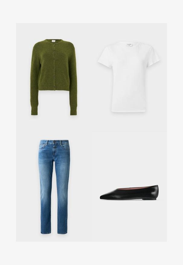 Groen gebreid vest, cropped ontwerp, ronde hals, frontsluiting met donkere knopen, lange mouwen, zachte textuur.; Witte katoenen t-shirt met ronde hals en korte mouwen, met een relaxed fit en een minimalistisch ontwerp. Etiket zichtbaar aan de hals.; Blauwe denim jeans met een recht silhouet, voorzien van een knoopsluiting, vijf zakken en subtiele vervagingen. Soepele textuur met oranje stiksels.; Zwarte leren damesschoen met platte zool, puntige neus en lage hak, zijwaarts afgebeeld tegen een effen lichtgrijze achtergrond.