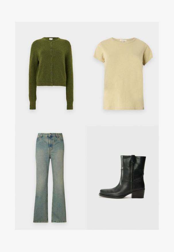 Grøn strikket cardigan, kort design, rund halsudskæring, forreste knaplukning med mørke knapper, lange ærmer, blød tekstur.; Enkelt lysebeige kortærmet bomulds-T-shirt med rund hals og en lille stofmærkat nederst i højre side.; Lysblå denim flare jeans med høj talje, fem lommer og lynlås. Ren, falmet finish med subtile syninger.; Sort læder ankelstøvle med rundt tå, blokhæl, lynlås i siden og stikninger på vampsiden. Glat tekstur, klassisk design.