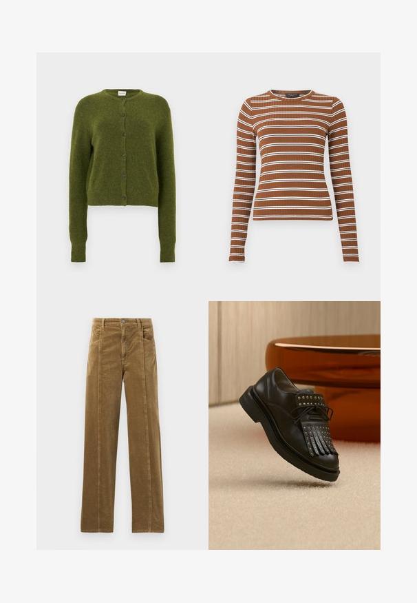 Grøn strikket cardigan, kort design, rund halsudskæring, forreste knaplukning med mørke knapper, lange ærmer, blød tekstur.; Langærmet ribstrikket top i brun med vandrette hvide striber. Har rund halsudskæring og tætsiddende silhuet. Glat tekstur overalt.; Brune kordfløjspants med lige ben design, der har forlommer og synlige sømme langs kanterne. Tekstileret stof med smalle ribber.; Sort læder snøresko med dekorativ frynse og metalnitter placeret på beige tæppe nær brunt møbel.