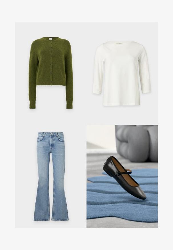 Grøn strikket cardigan, kort design, rund halsudskæring, forreste knaplukning med mørke knapper, lange ærmer, blød tekstur.; Hvid langærmet skjorte med rund halsudskæring, vist på en ensfarvet lys baggrund.; Lys blå, flagrende jeans lavet af denim, med høj talje, fem-lomme-design og subtil falming i hele stoffet.; Sort læder Mary Jane-sko med spænde, vist på et struktureret blåt tæppe, med en sløret grå tuftet sofa i baggrunden.