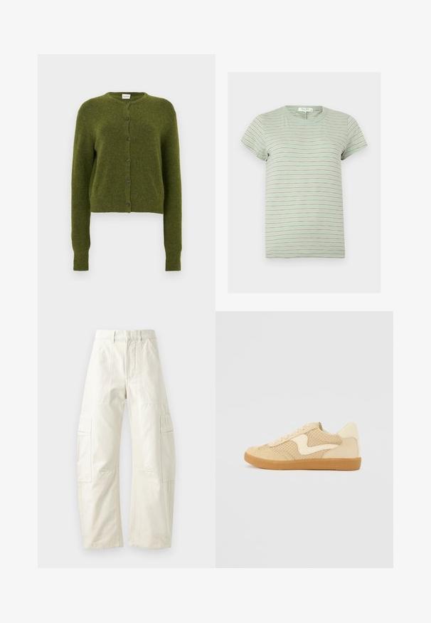 Grøn strikket cardigan, kort design, rund halsudskæring, forreste knaplukning med mørke knapper, lange ærmer, blød tekstur.; Lysegrøn kortærmet T-shirt med tynde hvide og brune vandrette striber og rund halsudskæring.; Beige cargo bukser med løs pasform, der har flere klaplommer, lynlås og en struktureret overflade. Fremstillet af slidstærkt bomuldsstof.; Beige sneakers med ruskind og mesh-materialer, rund form, fremtrædende polstret krave og en gummikondisko. Har et bølge-design som accent.