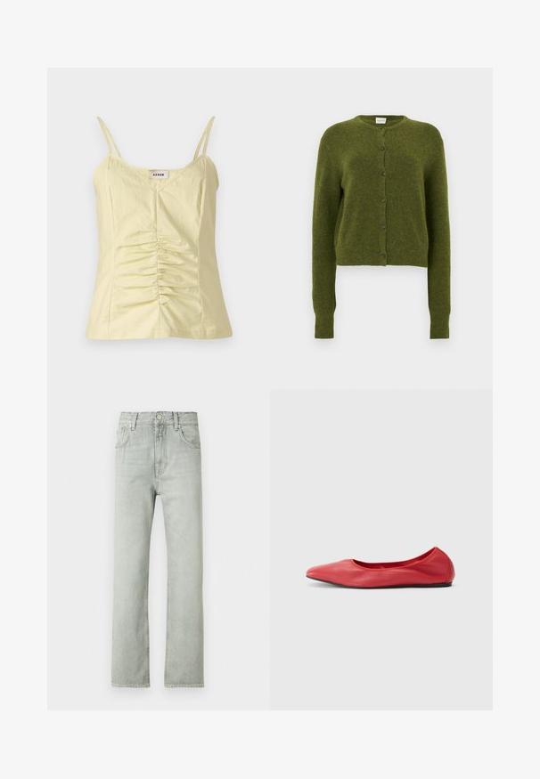 Cardigan vert en maille, coupe courte, encolure ronde, fermeture boutonnée à l'avant avec des boutons foncés, manches longues, texture douce.; Débardeur jaune clair sans manches avec des bretelles réglables et des détails froncés à l'avant. Fabriqué à partir d'un tissu texturé, il présente un col en V.; Jean en denim gris clair avec une coupe droite, cinq poches et une fermeture à boutons sur le devant. Texture douce et design minimaliste.; Filippa K REY FLATS - Ballerines - bright red
