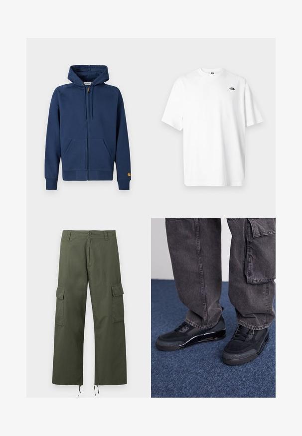 Marineblauwe hoodie met ritssluiting, gemaakt van een katoenmix, voorzien van een capuchon met trekkoord, kangaroezakken en geribbelde boorden aan de mouwen en zoom.; Wit katoenen T-shirt met korte mouwen, V-halsontwerp, met een klein zwart logo aan de linker bovenzijde. Zachte textuur, comfortabele pasvorm.; Olijfgroene cargobroek met zijflapzakken, knoopsluiting, riemlussen en verstelbare trekkoorden aan de brede pijpzomen.; Zwarte sportieve schoenen met een gestructureerd oppervlak, gladde accenten en een chunky zool, gecombineerd met donkere, loszittende cargo pants.