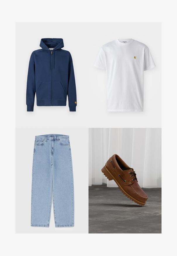 Sudadera con capucha azul marino con cremallera, fabricada en una mezcla de algodón, con capucha ajustable con cordón, bolsillos tipo canguro y puños y dobladillo acanalados.; Camiseta de algodón blanca con mangas cortas, cuello redondo, que presenta un pequeño logo dorado en la parte izquierda del pecho. Textura suave y corte regular.; Jean de mezclilla azul claro con diseño de pierna recta, con una cintura de altura media, cinco bolsillos y un cierre de botón y cremallera.; Zapato náutico de cuero marrón con cordones negros, costuras beige y una suela resistente, suspendido sobre un suelo de hormigón gris.