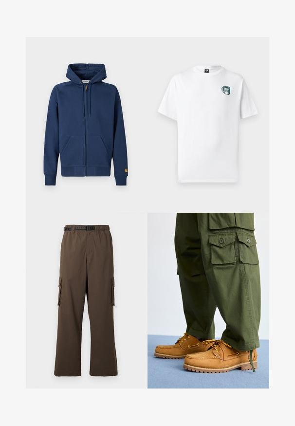 Sweat à capuche zippé bleu marine en tissu mélangé coton, doté d'une capuche avec cordon de serrage, de poches kangourou et de poignets et ourlet côtelés.; T-shirt blanc à manches courtes avec un petit motif de tasse verte et le logo "The North Face" sur la poitrine gauche.; Pantalon cargo marron à coupe ample, taille élastique et deux poches latérales. Il est doté d'une ceinture noire à motifs, avec une texture lisse.; Timberland AUTHENTIC 3 EYE - Chaussures bateau - wheat