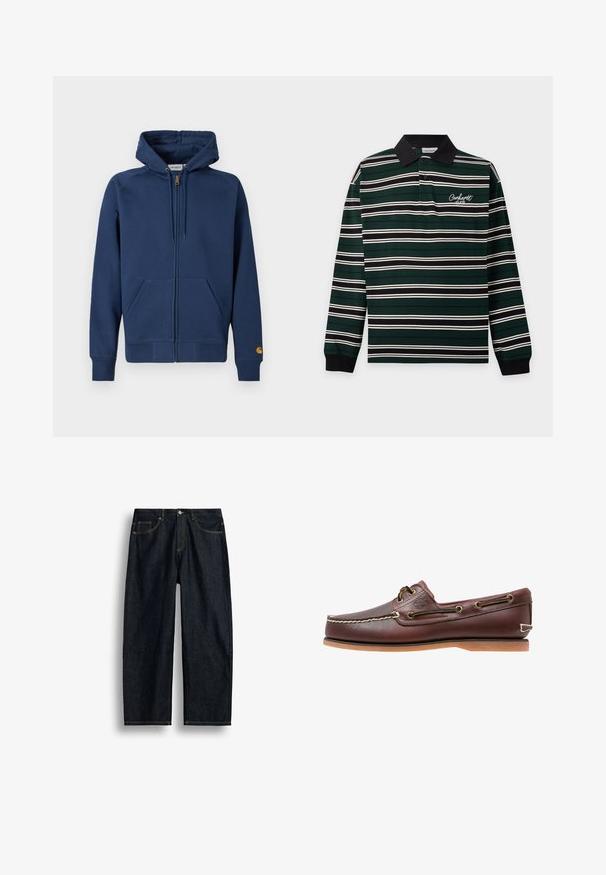 Marineblauwe hoodie met ritssluiting, gemaakt van een katoenmix, voorzien van een capuchon met trekkoord, kangaroezakken en geribbelde boorden aan de mouwen en zoom.; Poloshirt met lange mouwen, zwarte kraag en manchetten, donkergroene basis, witte en zwarte horizontale strepen en Carhartt-logo op de borst.; Donkerblauwe straight-leg spijkerbroek met gele stiksels, voorzakken en een knoopsluiting in de taille.; Bruine leren bootschoen met witte stiksels, veterdetails en beige rubberen zool, zijaanzicht op een witte achtergrond.