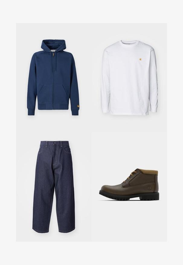 Marineblauwe hoodie met ritssluiting, gemaakt van een katoenmix, voorzien van een capuchon met trekkoord, kangaroezakken en geribbelde boorden aan de mouwen en zoom.; Witte lange mouwen t-shirt van katoen. Voorzien van een klein gouden logo op de borst en een ronde hals. Eenvoudig ontwerp en standaard pasvorm.; Donkerblauwe denim jeans met een losse, wijde pasvorm. Kenmerken zijn een knoopsluiting, steekzakken aan de voorkant en zichtbare stiksels.; Bruine leren enkellaarzen met een gestructureerde afwerking, tan kleurige stoffen boord, zwarte rubberen zool en bruine veters. Timberland-logo ingedrukt op de zijkant.