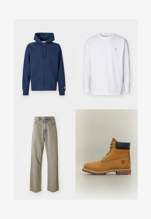 Sudadera con capucha azul marino con cremallera, fabricada en una mezcla de algodón, con capucha ajustable con cordón, bolsillos tipo canguro y puños y dobladillo acanalados.; Camiseta de manga larga blanca de algodón. Cuenta con un pequeño logo dorado en el pecho y un cuello redondo. Diseño simple y corte estándar.; Jeans de pierna ancha de color gris claro, hechos de denim, con una textura desgastada, costuras visibles y cierre tradicional de botón y cremallera.; Bota de tobillo de cuero marrón con cuello negro, cordones amarillos y suela beige. Presenta un logotipo y detalles de costura blanca. Suela exterior con tracción robusta.