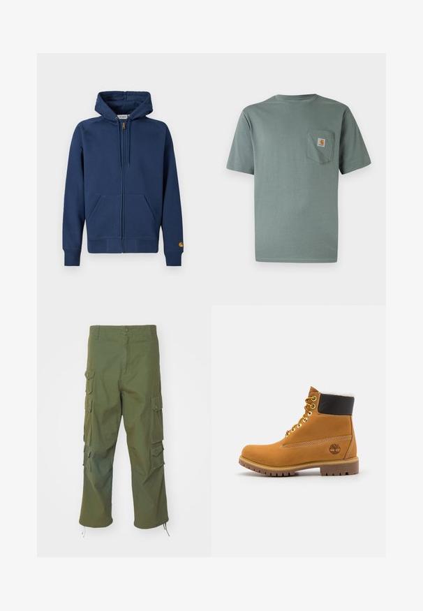 Sudadera con capucha azul marino con cremallera, fabricada en una mezcla de algodón, con capucha ajustable con cordón, bolsillos tipo canguro y puños y dobladillo acanalados.; Camiseta de manga corta de color verde claro hecha de algodón con un bolsillo en el pecho que lleva un parche con el logo. Textura suave y diseño clásico de cuello redondo.; Pantalones cargo verde oliva de algodón, con bolsillos laterales, cierre de botón, corte recto y con bajos ajustables para un largo personalizable.; Botín de cuero marrón con ojales de metal, forro de piel sintética blanca, cuello acolchado negro, suela resistente y logotipo en relieve en el costado.