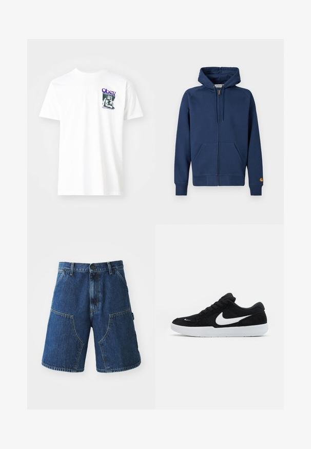 Marineblaue Zip-up-Kapuzensweatshirt aus Baumwollmischgewebe mit Kordelzugkapuze, Kängurutaschen sowie gerippten Bündchen und Saum.; Weißes Baumwoll-T-Shirt mit einem grafischen Druck in Lila, der eine sitzende Figur zeigt, mit dem Text "Obey" und "Stop Worry Now!" in Schwarz.; Denim-Shorts mit einer dunkelblauen Waschung, großen Fronttaschen, Knopfverschluss und sichtbaren Nähten entlang der Säume.; Schwarze Wildledersneaker mit weißen Akzenten, runder Zehenform, dicker weißer Sohle und schwarzen Schnürsenkeln. Auffälliges weißes Nike-Logo an der Seite.