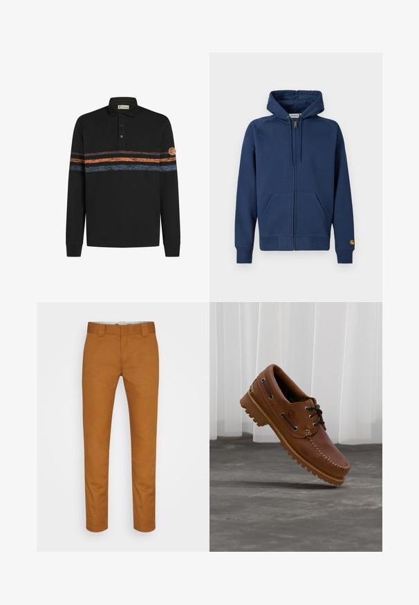 Marineblauwe hoodie met ritssluiting, gemaakt van een katoenmix, voorzien van een capuchon met trekkoord, kangaroezakken en geribbelde boorden aan de mouwen en zoom.; Zwarte polo met lange mouwen, gekenmerkt door een textuur met horizontale strepen in oranje en blauw, met een logopatch op de linker mouw.; Bordeaux katoenen broek met een rechte pasvorm, voorzakken en een schone, gladde textuur. Bevat riemlussen en discrete stikseldetails.; Bruine leren bootschoen met zwarte veters, beige stiksel en een robuuste zool, zwevend boven een grijze betonnen vloer.