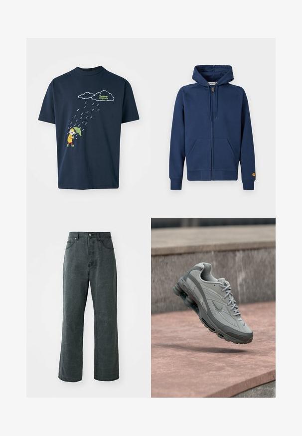Marineblauwe hoodie met ritssluiting, gemaakt van een katoenmix, voorzien van een capuchon met trekkoord, kangaroezakken en geribbelde boorden aan de mouwen en zoom.; Marineblauwe katoenen t-shirt met een gepixeld grafisch ontwerp van een figuur met een paraplu onder wolken en regendruppels, met daarboven tekst in lichtgroen.; Wijdvallende donkergrijze spijkerbroek van denim, met een hoge taille, vijf-pocket ontwerp en een subtiele versleten textuur.; Grijze en witte Nike-sneaker zwevend boven een stenen trede met zichtbare luchtvering en een gestructureerde zool.