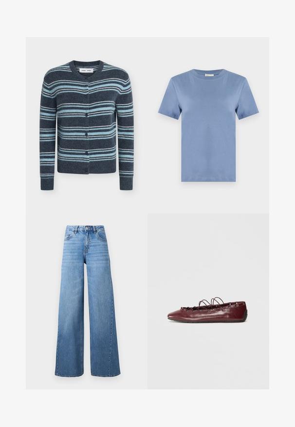 Cardigan à manches longues boutonné avec des rayures horizontales dans des nuances de bleu, sarcelle et blanc sur un fond bleu foncé.; T-shirt uni à manches courtes et col rond de couleur bleu clair, présenté sur fond blanc.; Jean en denim bleu clair taille haute, jambes larges, bouton devant, fermeture éclair, et design classique à cinq poches.; Femme ballerine en cuir bordeaux avec un bout pointu, des détails en dentelle sur le devant et des œillets en argent. Semelle souple pour plus de flexibilité et de confort.