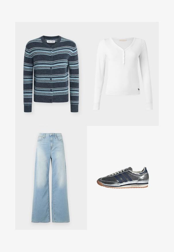 Cardigan à manches longues boutonné avec des rayures horizontales dans des nuances de bleu, sarcelle et blanc sur un fond bleu foncé.; Chemise henley blanche à manches longues avec col en V, quatre boutons sur le devant et petit logo noir d'élan près de l’ourlet inférieur, présentée sur fond uni.; Jean large bleu clair à taille haute, avec boutons à l'avant et poches, présenté sur un fond blanc.; Baskets synthétiques argentées avec des rayures navy, bout rond, doublure blanche et semelle en caoutchouc. Présente un dessus texturé et un système de laçage.