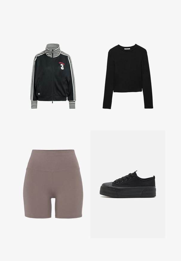 Čierna bunda so zipsom, biele pruhy na rukávoch a golieri, s červeným logom "adidas" a bielym číslom "3" na prednej strane.; Čierne dlhé rukávy skrátené tričko vyrobené z jemnej bavlny s klasickým okrúhlym výstrihom a voľným strihom. Žiadne viditeľné vzory ani akcenty.; Súpravy s vysokým pásom v tlmenej taupe farbe, vyrobené z hladkého, pružného materiálu. Má bezšvový dizajn a tesný strih.; Čierne plátené tenisky s drážkovou gumovou podrážkou, zaoblenou špičkou a šiestimi okami. Hladký povrch s kontrastným drážkovaným detailom na spodnej strane.
