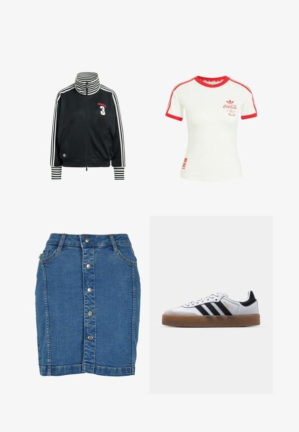 Zwarte jas met rits, voorzien van witte strepen op de mouwen en kraag, met een rood "adidas" logo en een wit nummer "3" aan de voorkant.; Wit T-shirt met korte mouwen, rode kraag, mouwzoom, strepen en Coca-Cola-logo op de borst en onderzijde.; Denim rok met een sluiting aan de voorkant met knopen, een aansluitend ontwerp, lichtblauwe kleur en subtiele stiksels.; Witte leren sneakers met zwarte strepen, gumrubberen buitenzool, ronde neus, vetersluiting en een zachte grijze suède neuskap.