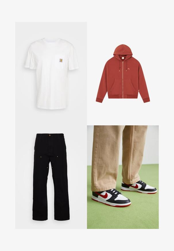 Sudadera con capucha roja con cremallera, hecha de tela suave, con un amplio bolsillo delantero, capucha ajustable con cordón y logo bordado en dorado en el pecho.; Camiseta de algodón blanca con mangas cortas, un bolsillo en el pecho y un pequeño parche cuadrado de logo en naranja y blanco en el bolsillo.; Pantalones de mezclilla negros con un diseño de pierna recta, que presentan acentos de hardware dorado y costuras visibles en los bolsillos delantero y trasero.; Las zapatillas Nike Dunk presentan un diseño de cuero negro con acentos rojos y un swoosh blanco. La suela es roja, con una puntera blanca texturizada.