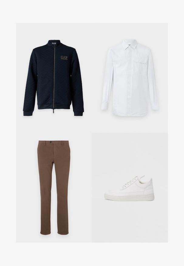 Sort jakke med lynlås, ribkanter og -bund, diskret tekstureret mønster og gyldent EA7 Emporio Armani-logo på venstre bryst.; Hvid langærmet skjorte med knapper og subtile lodrette striber, brystlomme med knapklap og klassisk krave på en ensfarvet baggrund.; Brune bomuldsbukser med lige ben, der har en frontlynlås og knaplukning, bæltestropper og ingen synlige mønstre eller accenter.; Hvid lædersneaker med rundet tå, flad sål og snørebånd foran. Har syningsdetaljer og polstret krave for komfort.