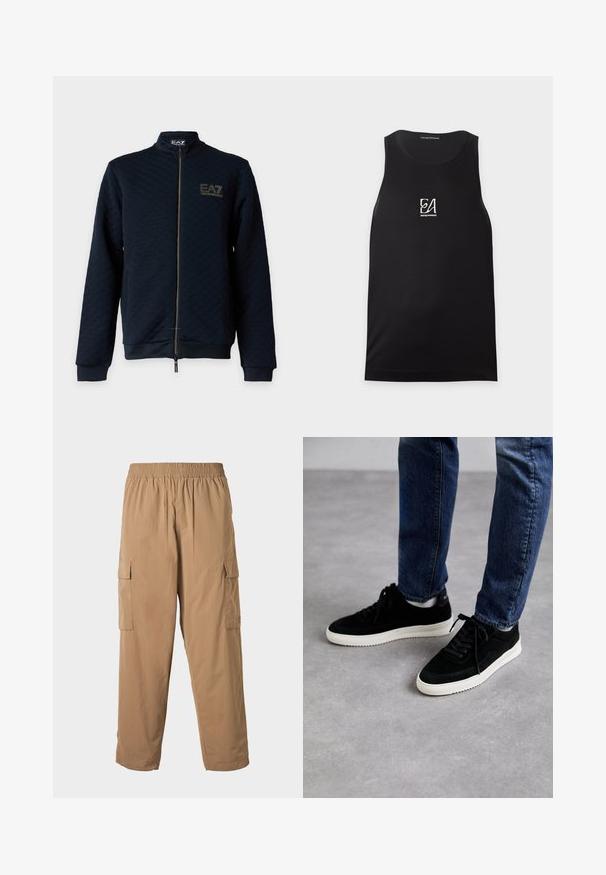 Schwarze Jacke mit Reißverschluss, gerippten Bündchen und Saum, dezentem Strukturmuster und goldenem EA7 Emporio Armani-Logo auf der linken Brust.; Schwarzes ärmelloses Tanktop mit weißem "EA Emporio Armani" Logo zentriert auf der Brust, abgebildet auf hellgrauem Hintergrund.; Beige Cargo-Hosen mit einem elastischen Bund, die mehrere Seitentaschen und eine leichte, glatte Textur aufweisen. Gerade Beinform.; Schwarze Wildledersneaker mit einer weißen Gummisohle, die ein klassisches Low-Top-Design, eine abgerundete Spitze und flache schwarze Schnürsenkel aufweisen.
