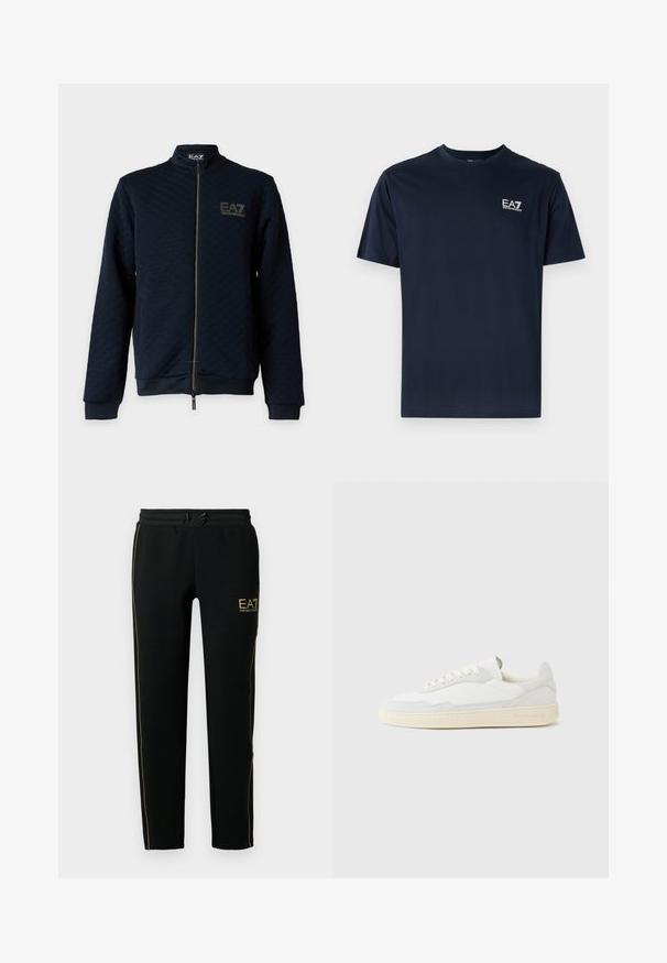 Čierna bunda na zips s rebrovanými manžetami a lemom, jemným textúrovaným vzorom a zlatým logom EA7 Emporio Armani na ľavej strane hrude.; Námornícky modré bavlnené tričko s krátkymi rukávmi, okrúhlym výstrihom a logom EA7 na ľavej hornej strane v bielej farbe. Hladká textúra, ležérny dizajn.; Čierne tepláky majú zúžený strih, elastický pás so šnúrkou a zlaté prízvuky pozdĺž strán a na logu.; Biela teniska s jemne štruktúrovaným zvrškom zo semišu a kože. Má zaoblenú špičku, viazanie na šnúrky a kontrastnú béžovú gumovú podrážku.