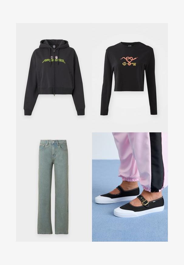 Zwarte cropped zip-up hoodie met capuchon, lange mouwen, zijzakken en neon groene en roze abstracte tekst op de borst.; Zwarte lange mouwen crop top van katoen. Voorzien van een kleurrrafische weergave van een slang en een sleutel aan de voorkant. Eenvoudig ontwerp met ronde hals.; Lichtblauwe rechte jeans van denim, met vijf zakken, een knoop- en ritssluiting, en subtiele vervaging op de stof.; Zwarte canvas schoenen met een witte zool, met een uitgesneden ontwerp en een gouden gespband. Draagt met roze joggingsbroek.