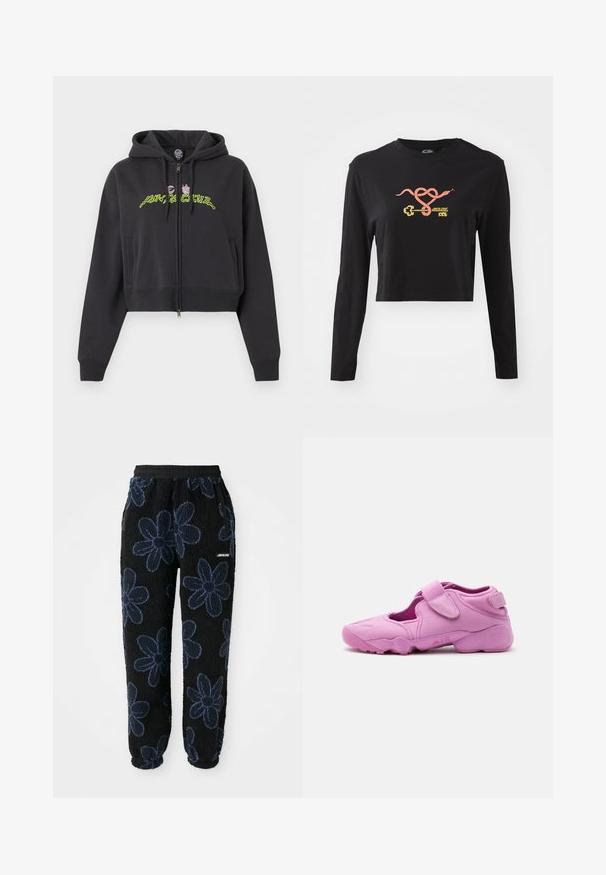 Zwarte cropped zip-up hoodie met capuchon, lange mouwen, zijzakken en neon groene en roze abstracte tekst op de borst.; Zwarte lange mouwen crop top van katoen. Voorzien van een kleurrrafische weergave van een slang en een sleutel aan de voorkant. Eenvoudig ontwerp met ronde hals.; Fleece joggers met een zwarte achtergrond en een donkerblauw bloemenpatroon. Voorzien van een elastische tailleband en zijzakken. Zachte textuur.; Roze sportschoen met uitgesneden zijkanten, verstelbare klittenbandsluiting aan de bovenkant en een dikke zool met "AIR" aan de zijkant.