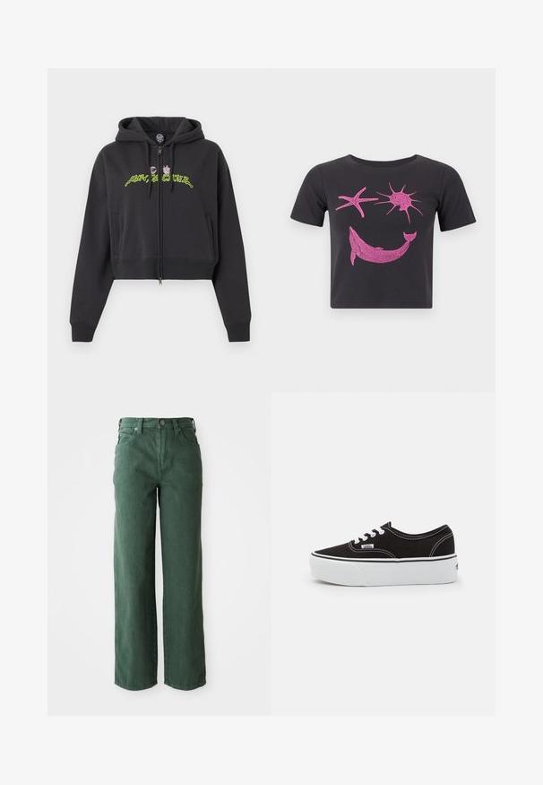 Sudadera negra corta con cremallera, capucha, mangas largas, bolsillos laterales y diseño de texto abstracto en neón verde y rosa en el pecho.; Top corto negro de manga corta con un gráfico rosa de un delfín, una estrella de mar y un sol en el frente contra un fondo liso.; Vaqueros verdes de pierna ancha hechos de denim. Presentan una cintura alta, piernas rectas, bolsillos frontales y cierre de botón metálico.; Zapatilla de lona negra con suela de plataforma de goma blanca, que presenta cordones y costuras blancas, con branding icónico en el lateral, diseño de corte bajo.