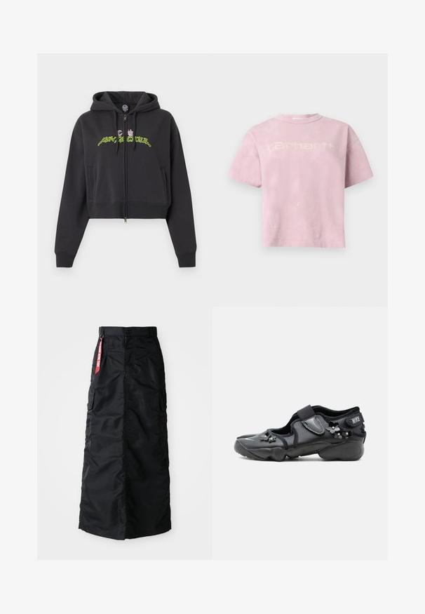 Musta lyhyt vetoketjullinen huppari, jossa huppu, pitkät hihat, sivutaskut ja rinnan alueella neonvihreä ja -pinkki abstrakti tekstisuunnittelu.; Vaaleanpunainen, lyhythihainen oversize t-paita, jossa haalistunut valkoinen "Carhartt"-logo rinnassa sekä hienovaraisia maalitahroja.; Musta pitkä hame, jossa on etuvivut ja vetoketju, sivupakkaustaskut sekä punainen "Poista ennen lentoa" -kangastunniste vyötäröllä.; Musta Nike Air -kenkä, jossa tarranauha, koristeltu pienillä mustilla kukkakoristeilla sivulla ja edessä.