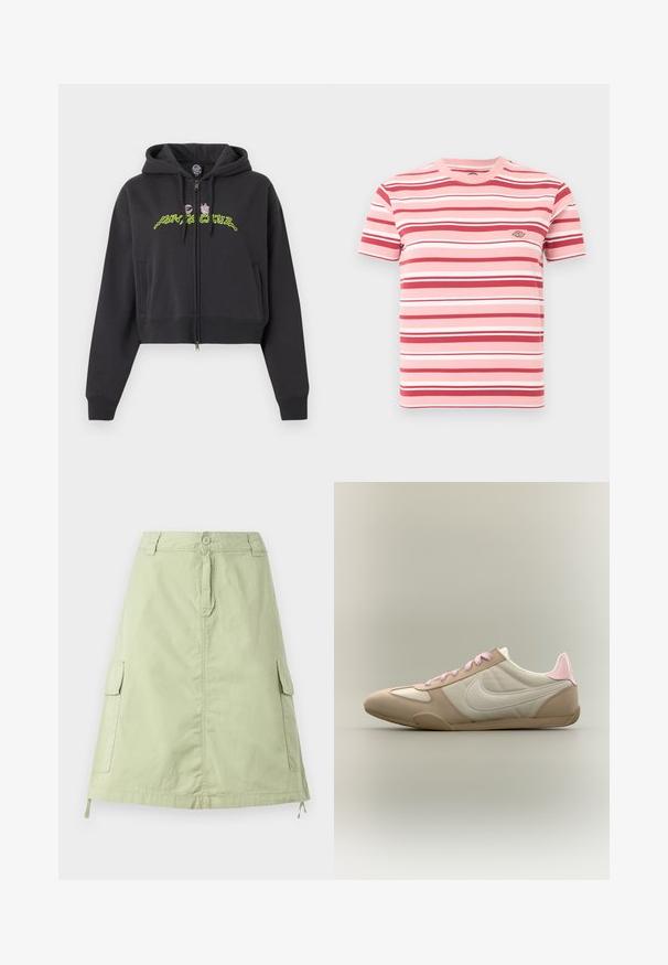 Sudadera negra corta con cremallera, capucha, mangas largas, bolsillos laterales y diseño de texto abstracto en neón verde y rosa en el pecho.; Camiseta rosa de manga corta con rayas horizontales rojas, blancas y rosa claro, y un pequeño parche con logo en el pecho izquierdo.; Falda de algodón verde claro, hasta la rodilla, con dos bolsillos laterales tipo cargador, cierre de botón y un corte recto relajado. Textura lisa.; Zapatilla de perfil bajo en beige y blanco con cordones rosas y detalle en el talón, mostrando el logo de Nike en el lateral sobre un fondo liso.