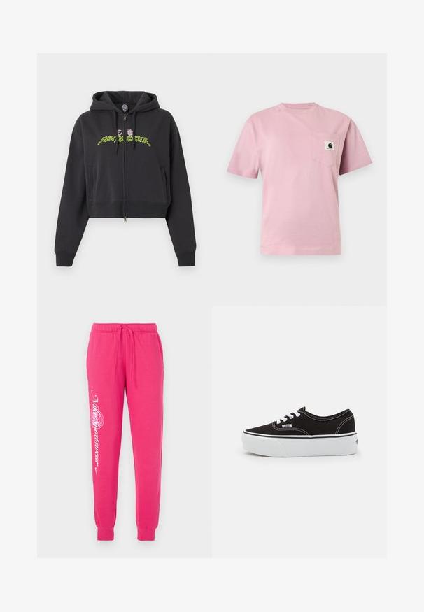 Sort cropped hættetrøje med lynlås, hætte, lange ærmer, sidelommer og neongrøn og pink abstrakt tekstdesign på brystet.; Lyserød T-shirt med korte ærmer og en lomme på venstre bryst med et lille Carhartt-logo.; Lyserøde sweatpants lavet af blødt stof, med snor i taljen, tapered cuffs og hvid grafisk tekst på venstre ben.; Sort lærred sneakers med en hvid gummi platform sål, der har hvide snørebånd og syninger, ikonisk branding på siden, lav-top design.