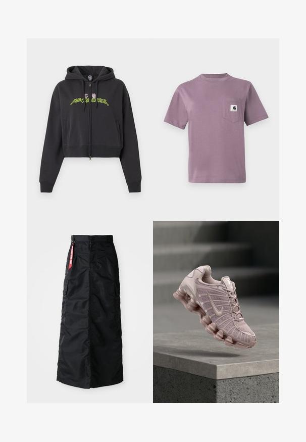 Sudadera negra corta con cremallera, capucha, mangas largas, bolsillos laterales y diseño de texto abstracto en neón verde y rosa en el pecho.; Camiseta de algodón lila con cuello redondo, mangas cortas y un bolsillo en el pecho izquierdo que presenta una etiqueta con logo. Textura suave, corte casual.; Falda larga negra con botones y cremallera en el frente, bolsillos laterales tipo cargo y una etiqueta de tela roja "Retirar antes del vuelo" en la cinturilla.; Zapatillas Nike Air Max en color rosa claro, con parte superior de malla, lengüeta acolchada y una suela gruesa y transparente con diseño de ondas.