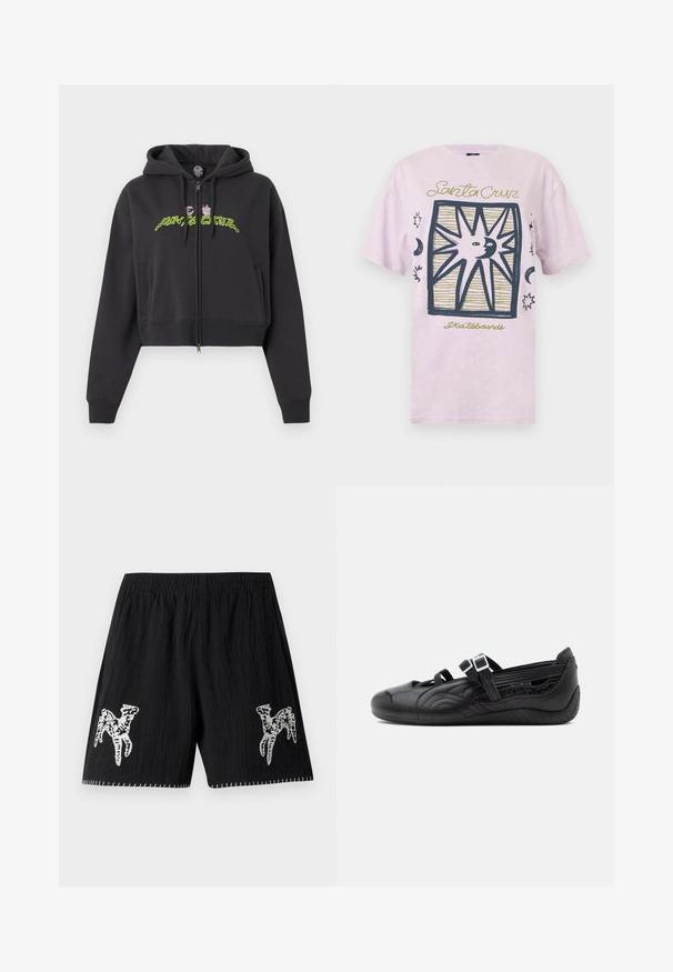 Sudadera negra corta con cremallera, capucha, mangas largas, bolsillos laterales y diseño de texto abstracto en neón verde y rosa en el pecho.; Camiseta rosa claro con un gráfico central de un sol y una luna con rostro, rodeados de estrellas y lunas crecientes, con el texto "Santa Cruz Skateboards".; Pantalones cortos negros con tejido texturizado; presenta un diseño bordado en blanco en ambas piernas y costuras en contraste a lo largo del dobladillo. Cintura elástica.; Zapato Mary Jane negro plano con patrón texturizado, dos correas ajustables con hebillas y suela de perfil bajo sobre un fondo liso.