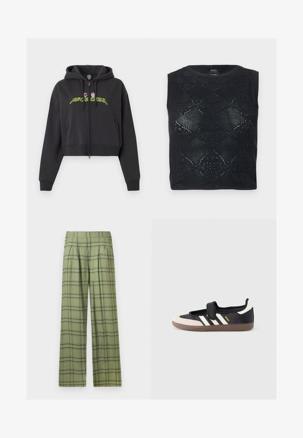 Sudadera negra corta con cremallera, capucha, mangas largas, bolsillos laterales y diseño de texto abstracto en neón verde y rosa en el pecho.; Top negro sin mangas de punto con patrón de encaje floral y escote redondo, doblado plano sobre un fondo claro.; Pantalones de pierna ancha en verde con un patrón de cuadros en negro, cintura alta, pliegues frontales y bolsillos laterales.; Zapatilla negra y beige con una correa de velcro, tres rayas blancas en el lateral y una suela de goma marrón texturizada. Logotipo de la marca visible.