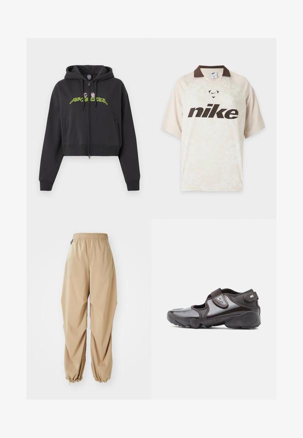 Sort cropped hættetrøje med lynlås, hætte, lange ærmer, sidelommer og neongrøn og pink abstrakt tekstdesign på brystet.; Lysebeige Nike t-shirt med korte ærmer, mørkebrun krave og stort mørkebrun Nike-logo på forsiden.; Beige letvægtsbukser med elastisk talje, tapered manchetter og en glat tekstur, der har en afslappet pasform og ingen synlige mønstre eller udsmykninger.; Mørkebrune sportssko med en blank finish, velcrolukning, rundet tå og en tekstureret sål med polstrede designelementer.